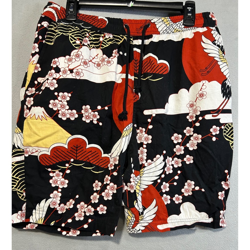 Cornerstone Bodega Mens Shorts Size‎ XL Black Red Japanese Crane Drawstring